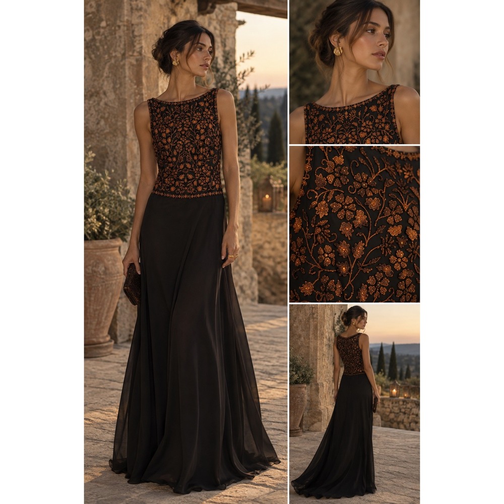 NWT Y2K Tadashi Formal Dress Gown Orange Black Beaded Chiffon Fall Gala Event